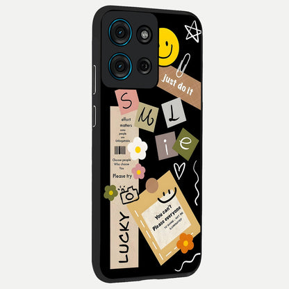 Lucky Aesthetic Collage Glass Case upright view showcasing vibrant collage artwork with youthful aesthetic theme.
