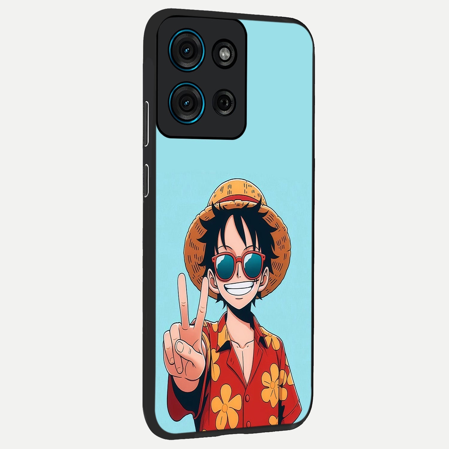 Luffy Summer Anime Vibe Glass Case upright view showcasing dynamic anime artwork with bright adventurous theme.