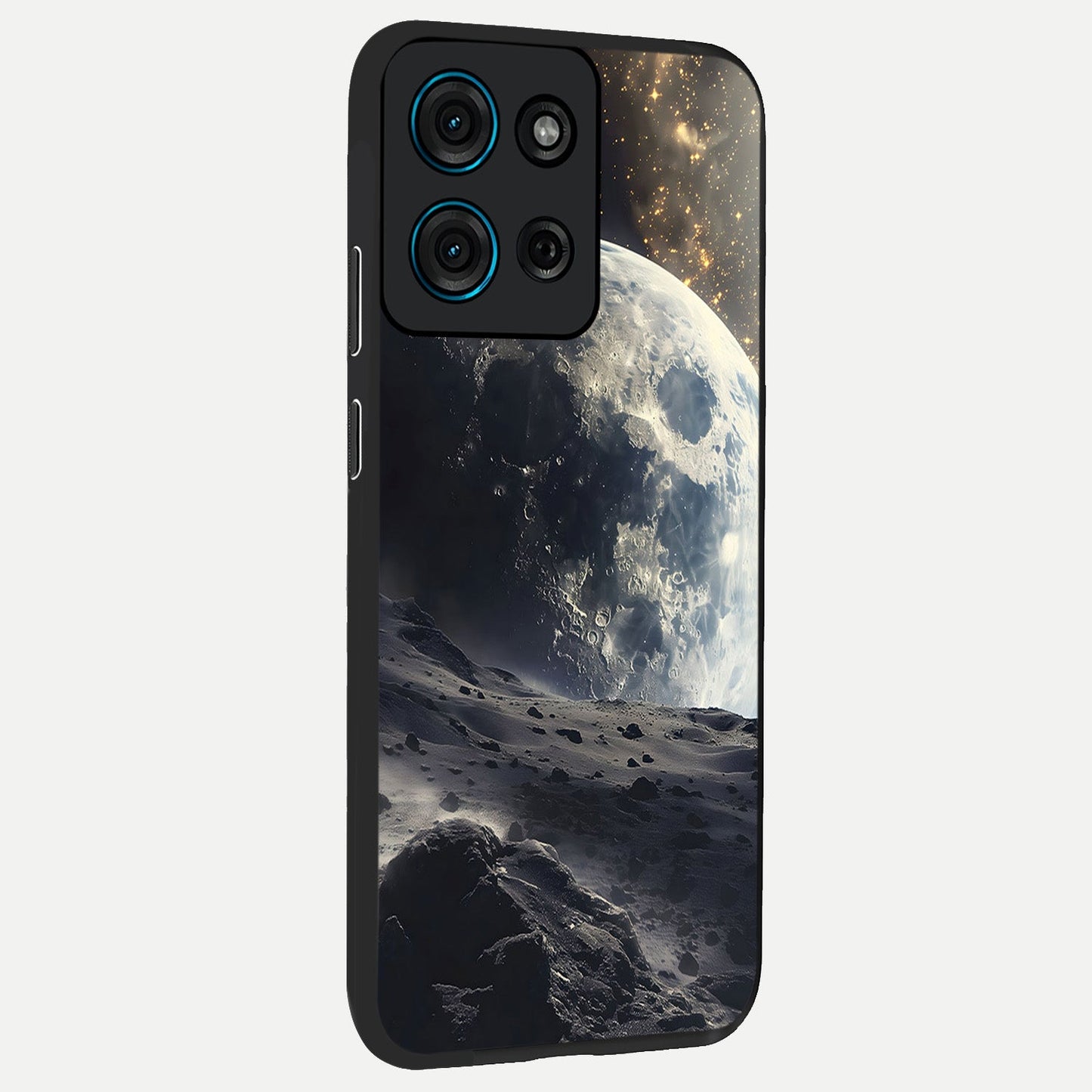 Lunar Horizon Glow Glass Case upright view showcasing radiant lunar artwork with calm cosmic theme.