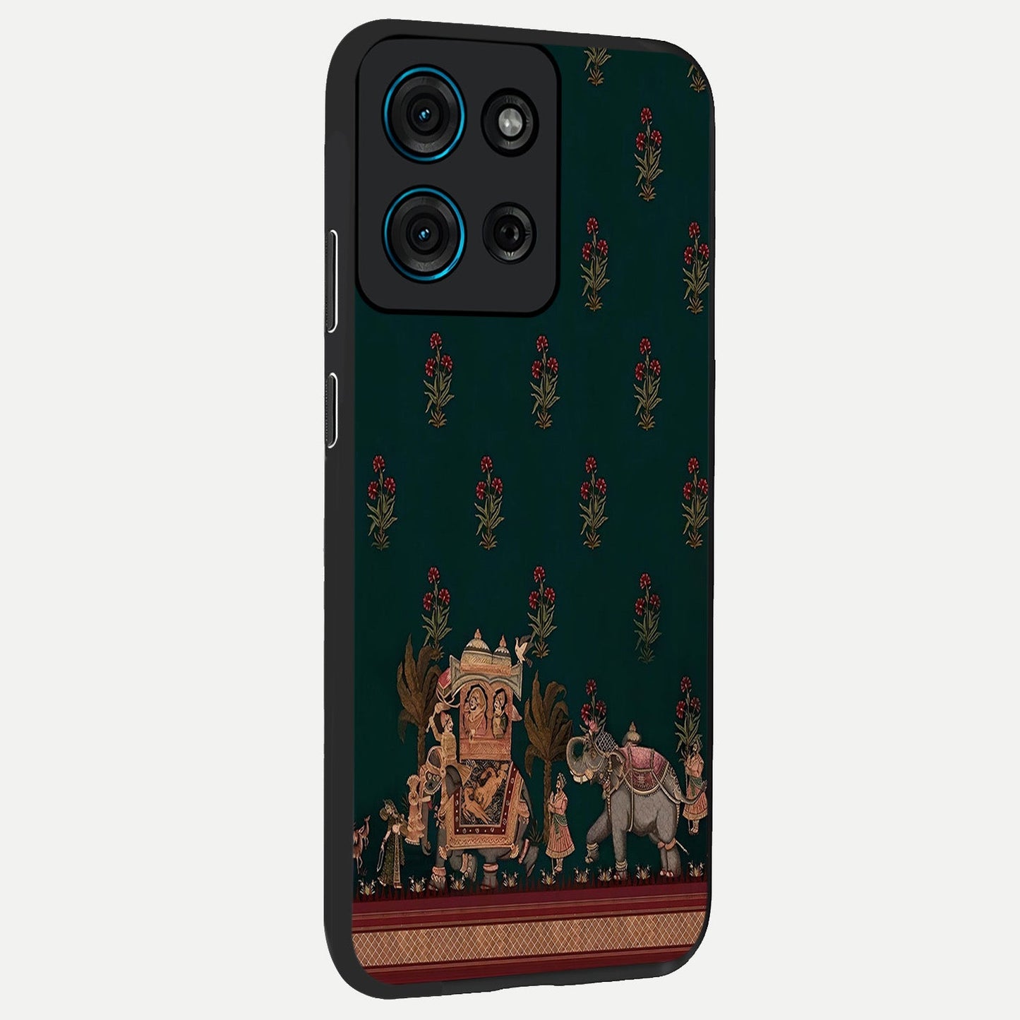 Macmerise Glass Case upright view showcasing bold artistic artwork with contemporary design theme.