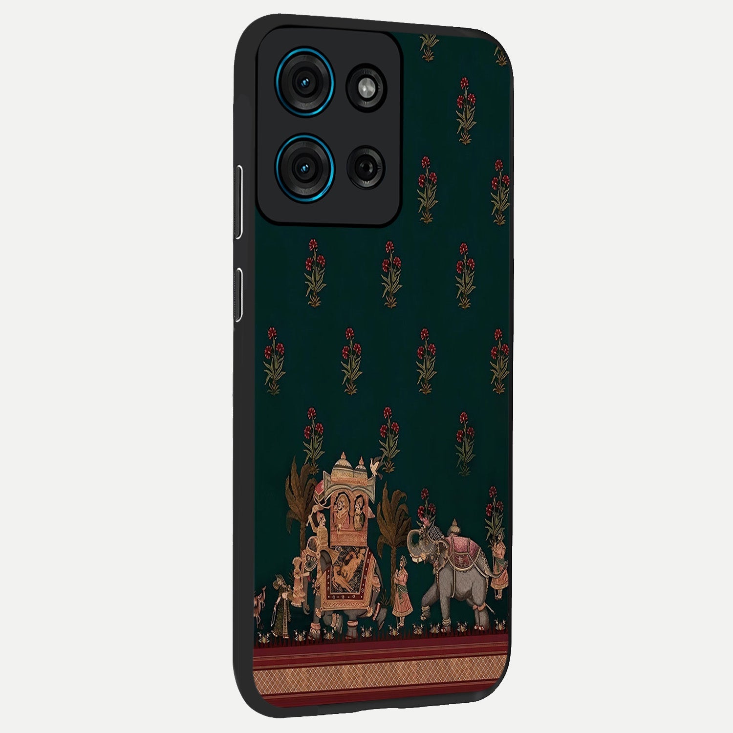 Macmerise Glass Case upright view showcasing bold artistic artwork with contemporary design theme.