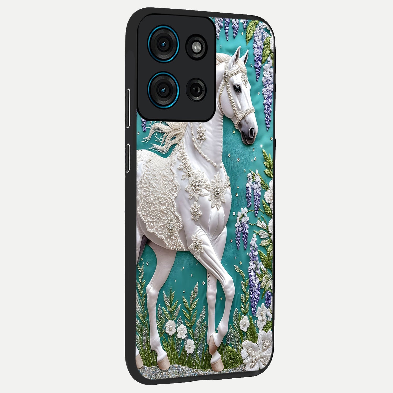 Majestic Floral Stallion Glass Case upright view showcasing dramatic horse artwork with decorative floral theme.