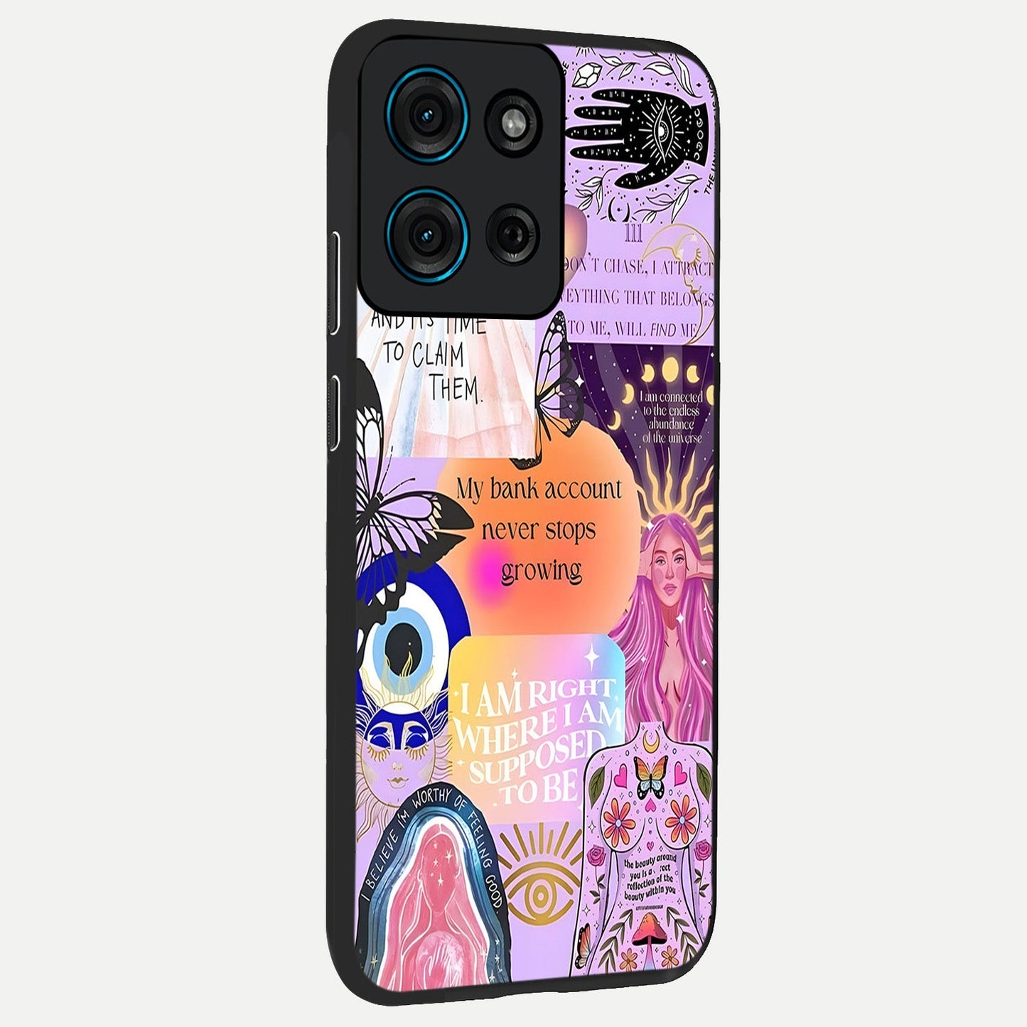 Manifestation Collage Glass Case upright view showcasing artistic manifestation themed artwork with creative style.