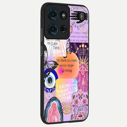 Manifestation Collage Glass Case upright view showcasing artistic manifestation themed artwork with creative style.