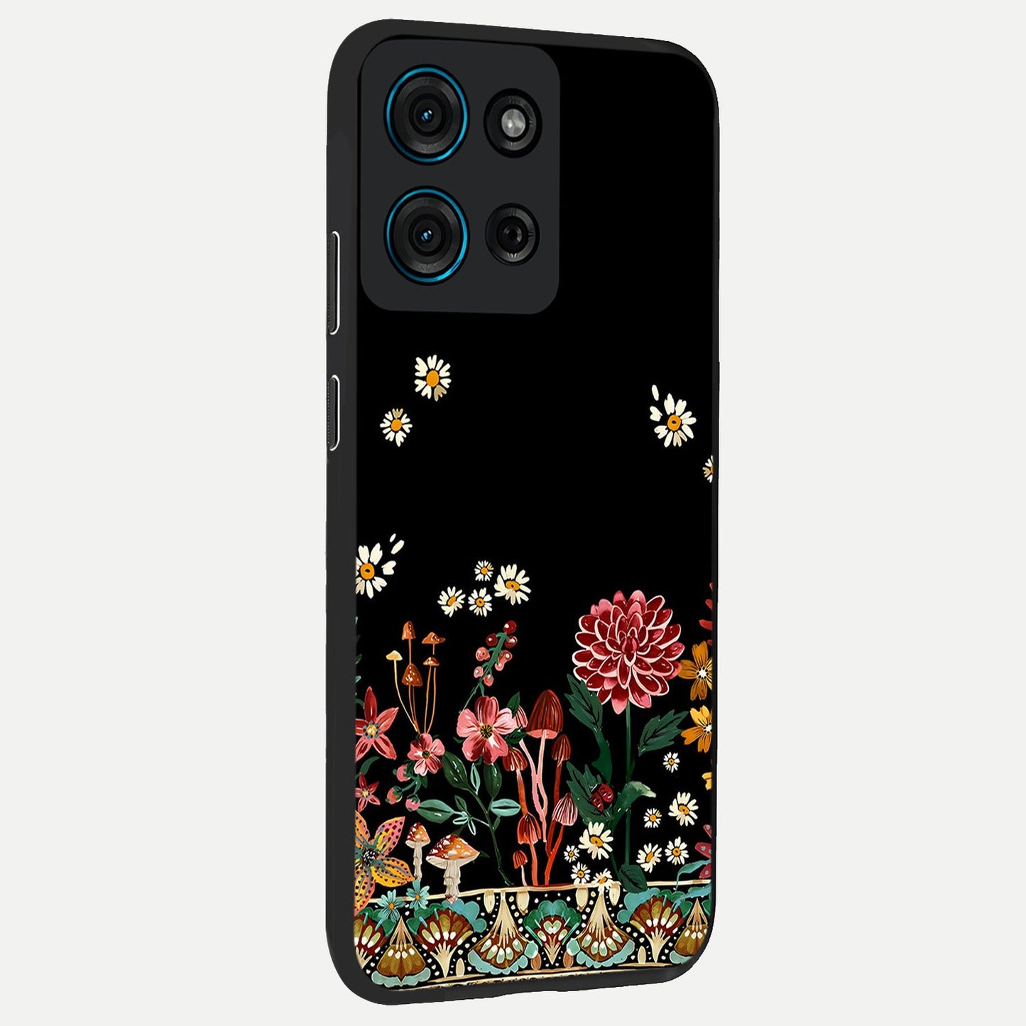 Midnight Bloom Pattern Glass Case upright view showcasing decorative floral artwork with deep night themed palette.