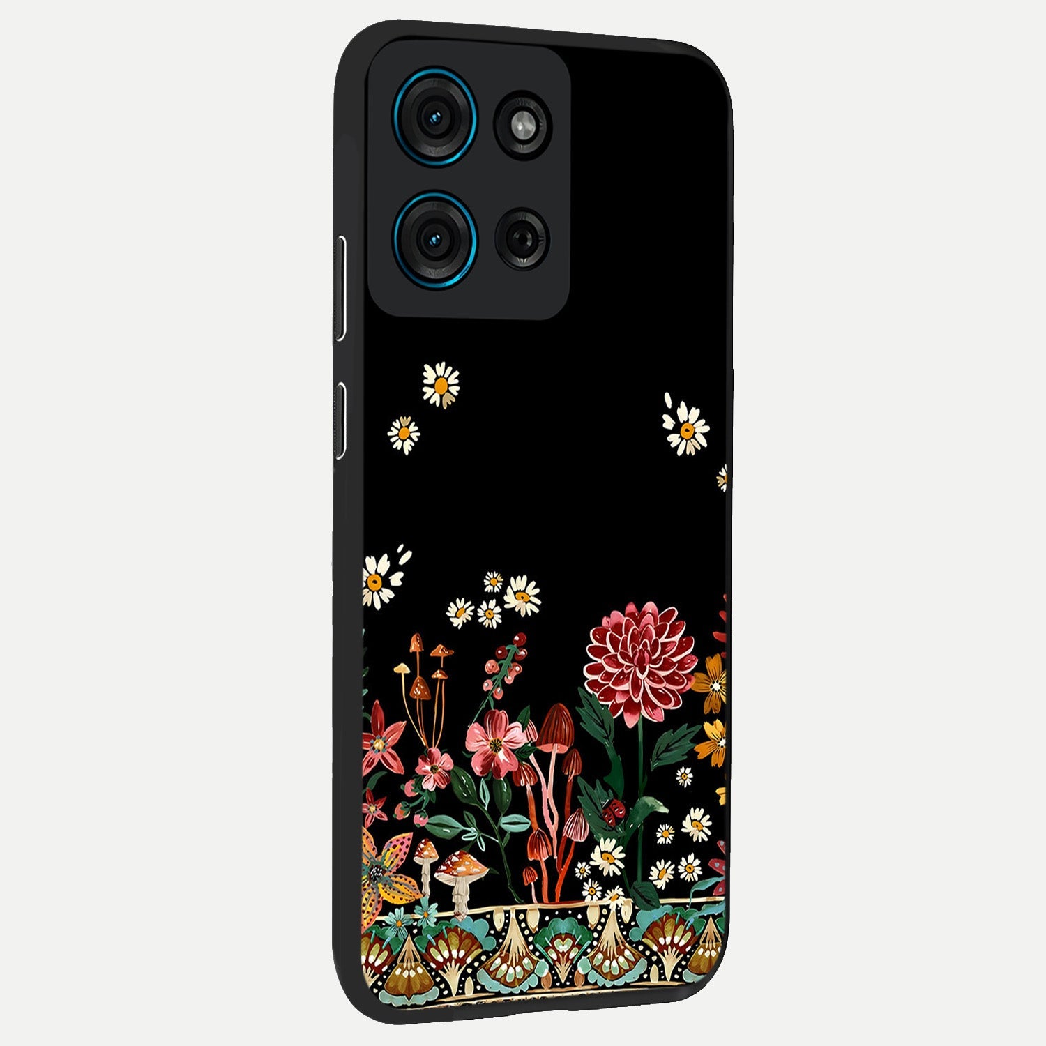 Midnight Bloom Pattern Glass Case upright view showcasing decorative floral artwork with deep night themed palette.