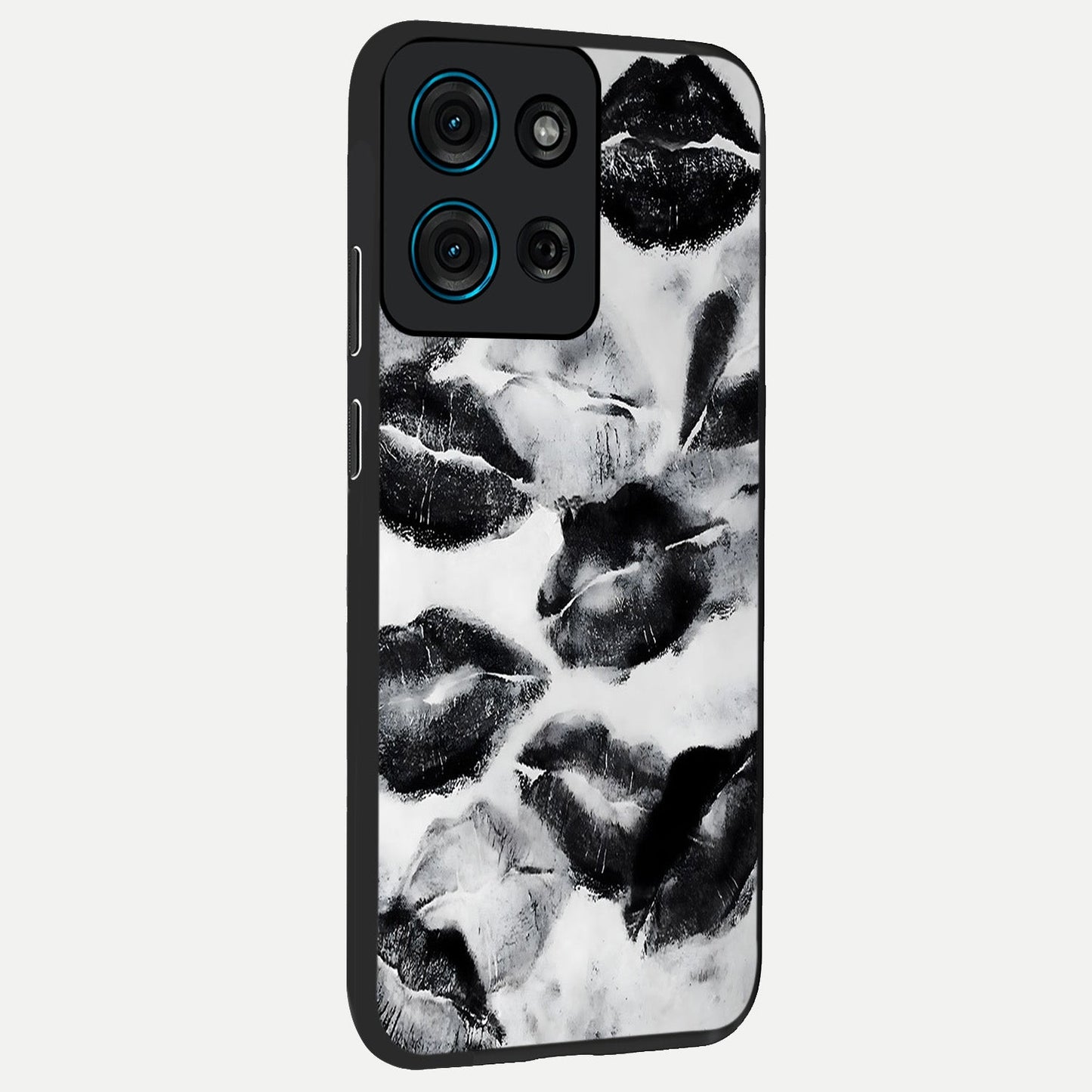 Midnight Kiss Marks Glass Case upright view showcasing stylish kiss mark artwork with trendy romantic theme.