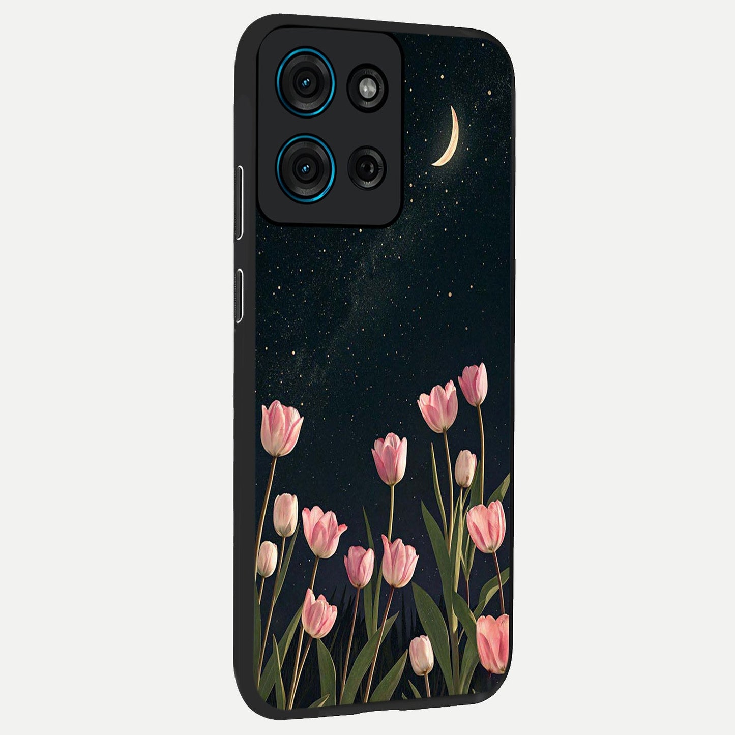 Midnight Tulip Whispers Vibe Glass Case upright view showcasing graceful tulip artwork with calm botanical theme.