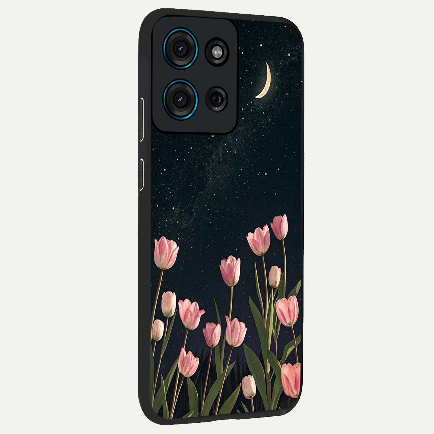 Midnight Tulip Whispers Vibe Glass Case upright view showcasing graceful tulip artwork with calm botanical theme.