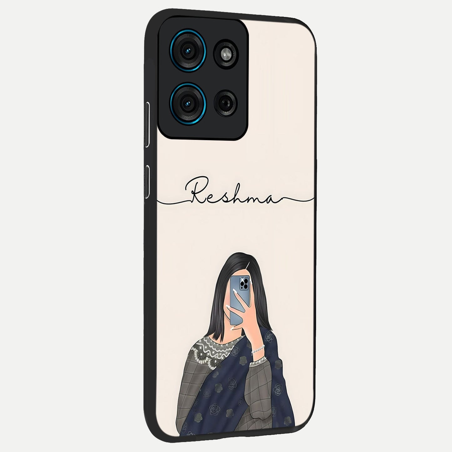 Mirror Mood Muse With Custom Name Glass Case upright view showcasing artistic mirror themed artwork with personalized aesthetic.