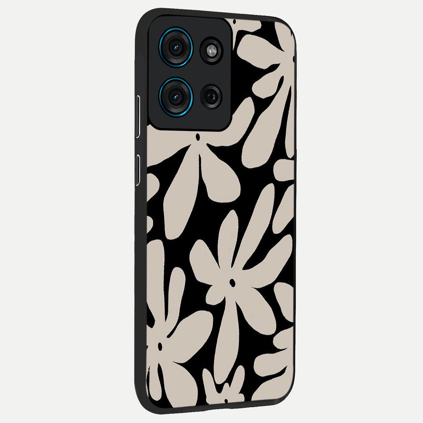 Monochrome Petal Dance Glass Case upright view showcasing artistic floral pattern with stylish monochrome theme.