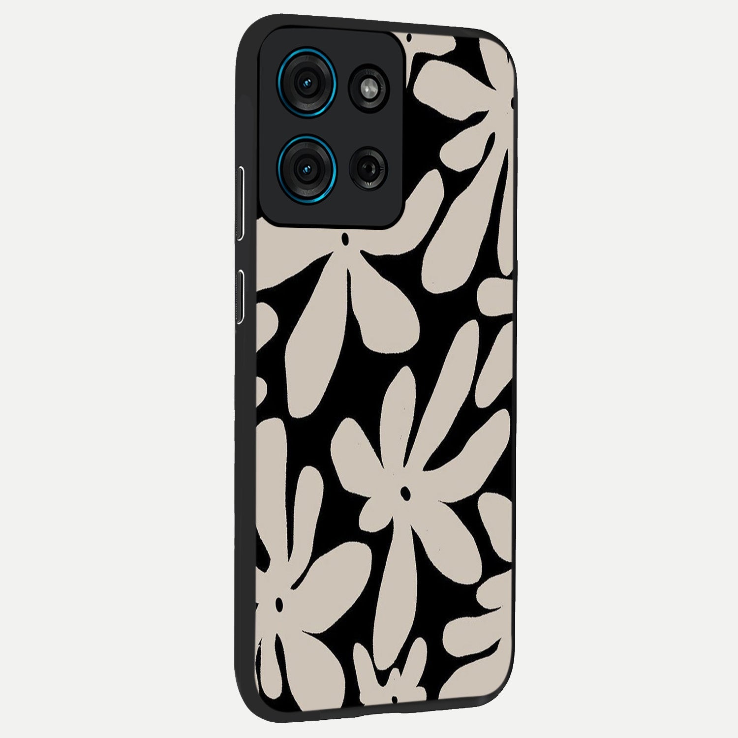 Monochrome Petal Dance Glass Case upright view showcasing artistic floral pattern with stylish monochrome theme.