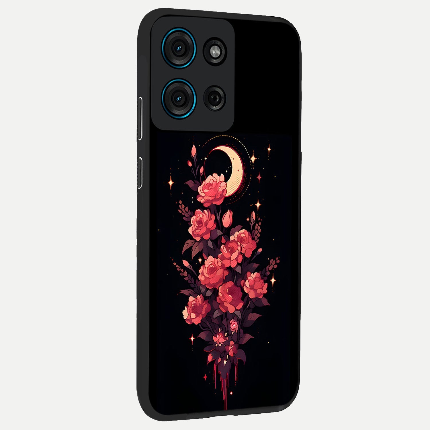 Moonlit Floral Elegance Glass Case upright view showcasing delicate floral artwork with refined night inspired theme.