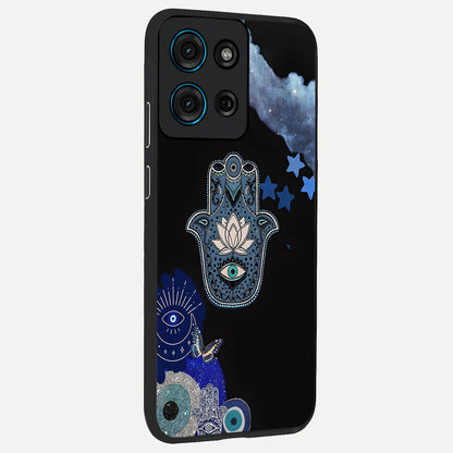 Mystic Hand Aura Glass Case upright view showcasing symbolic hand artwork with mystical energy theme.