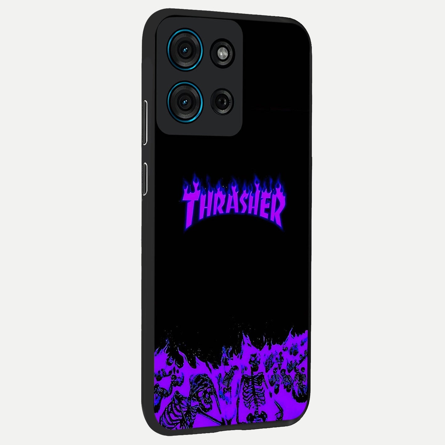 Neon Flame Riot Glass Case upright view showcasing dynamic flame artwork with energetic neon theme.