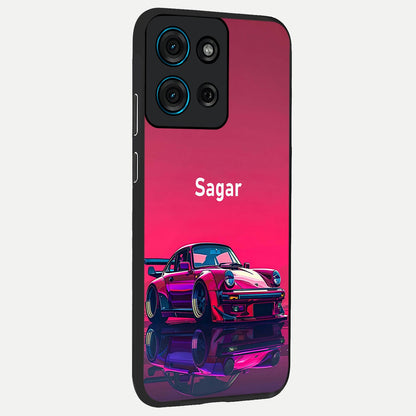 Neon Pink Porsche Glass Case upright view showcasing vibrant sports car artwork with bold automotive theme.