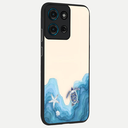 Ocean Drift Turtle Glass Case upright view showcasing calm underwater turtle artwork with nature inspired theme.