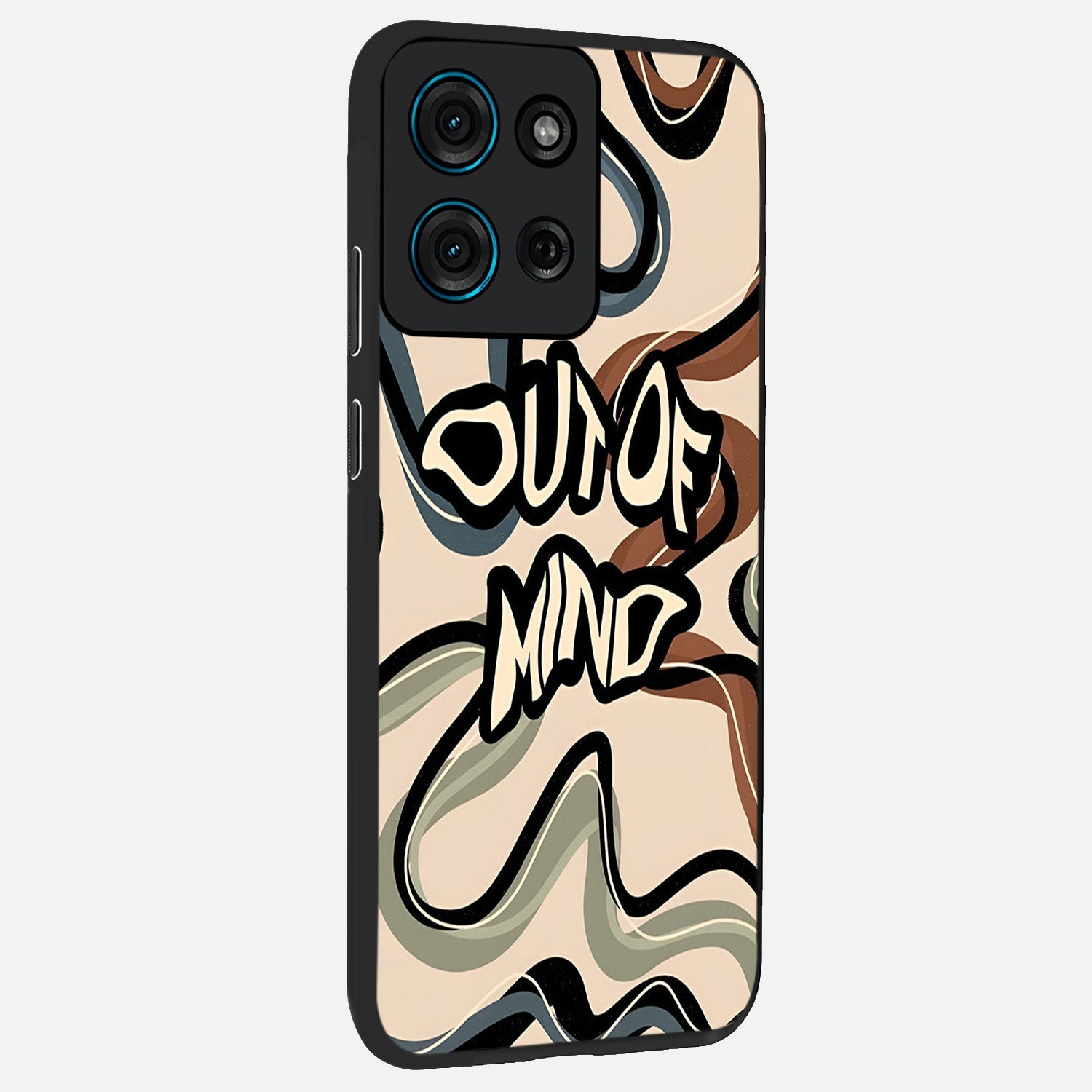 Out Of Mind Glass Case upright view showcasing striking typography artwork with edgy conceptual theme.