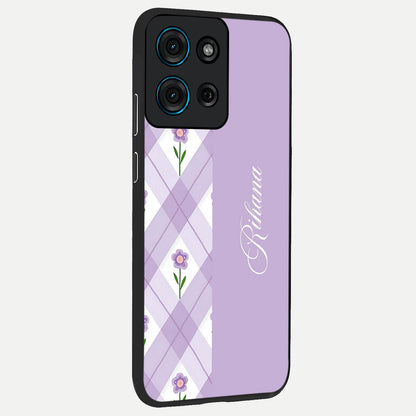 Purple Diamond Floral Glass Case upright view showcasing vibrant floral artwork with stylish geometric theme.