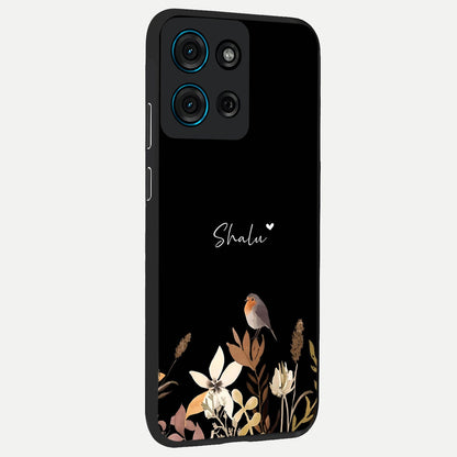 Quiet Garden Tune Custom Name Glass Case upright view showcasing serene botanical artwork with personalized aesthetic.