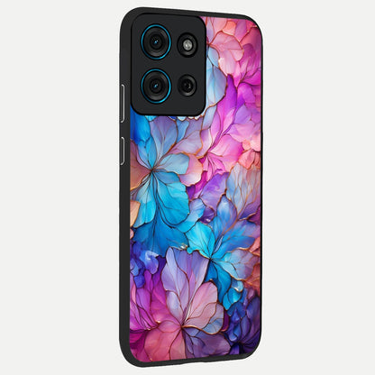 Radiant Floral Whirl Glass Case upright view showcasing lively floral artwork with decorative swirl theme.