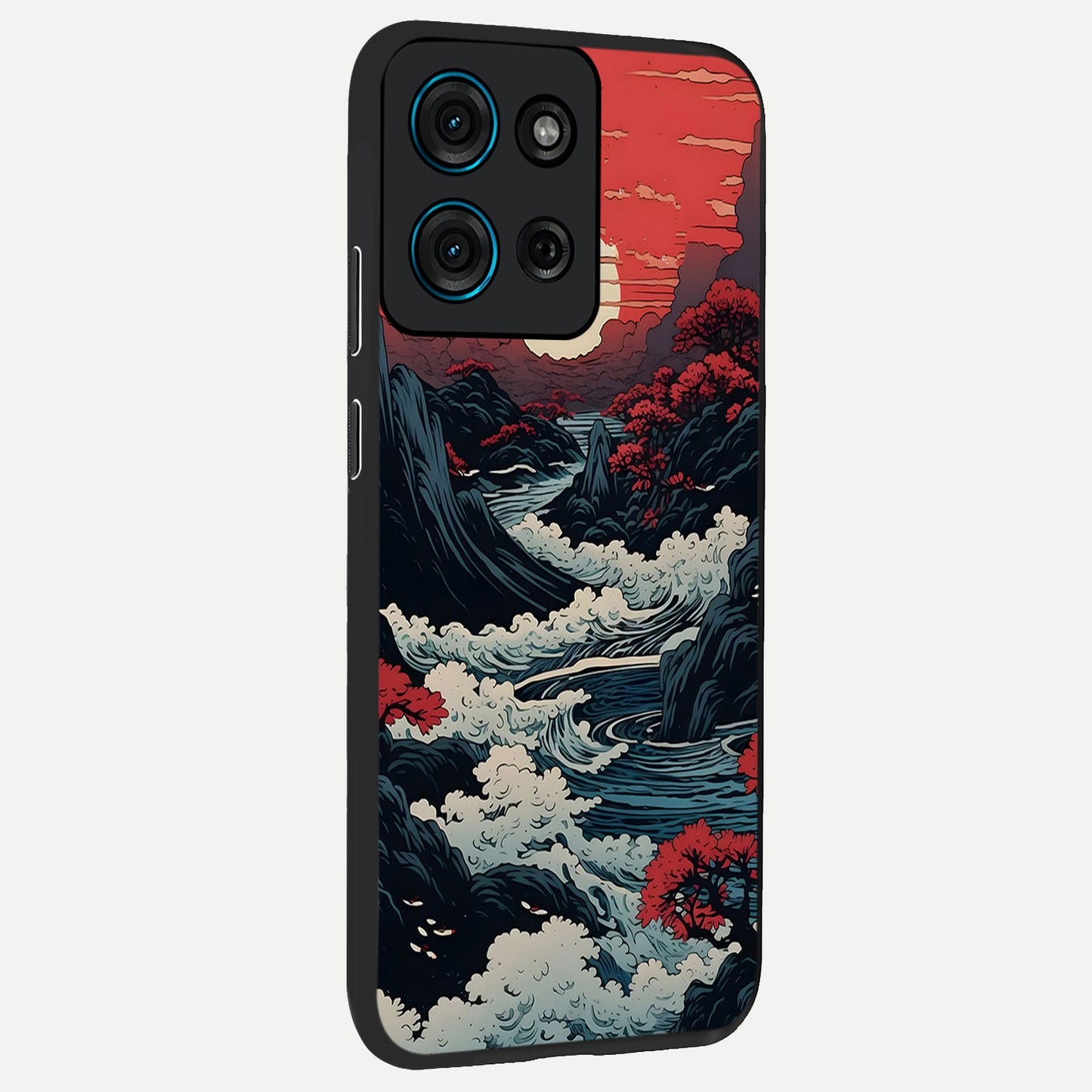 Red Sunset Scenery Glass Case upright view showcasing dramatic sunset scenery artwork with warm nature theme.