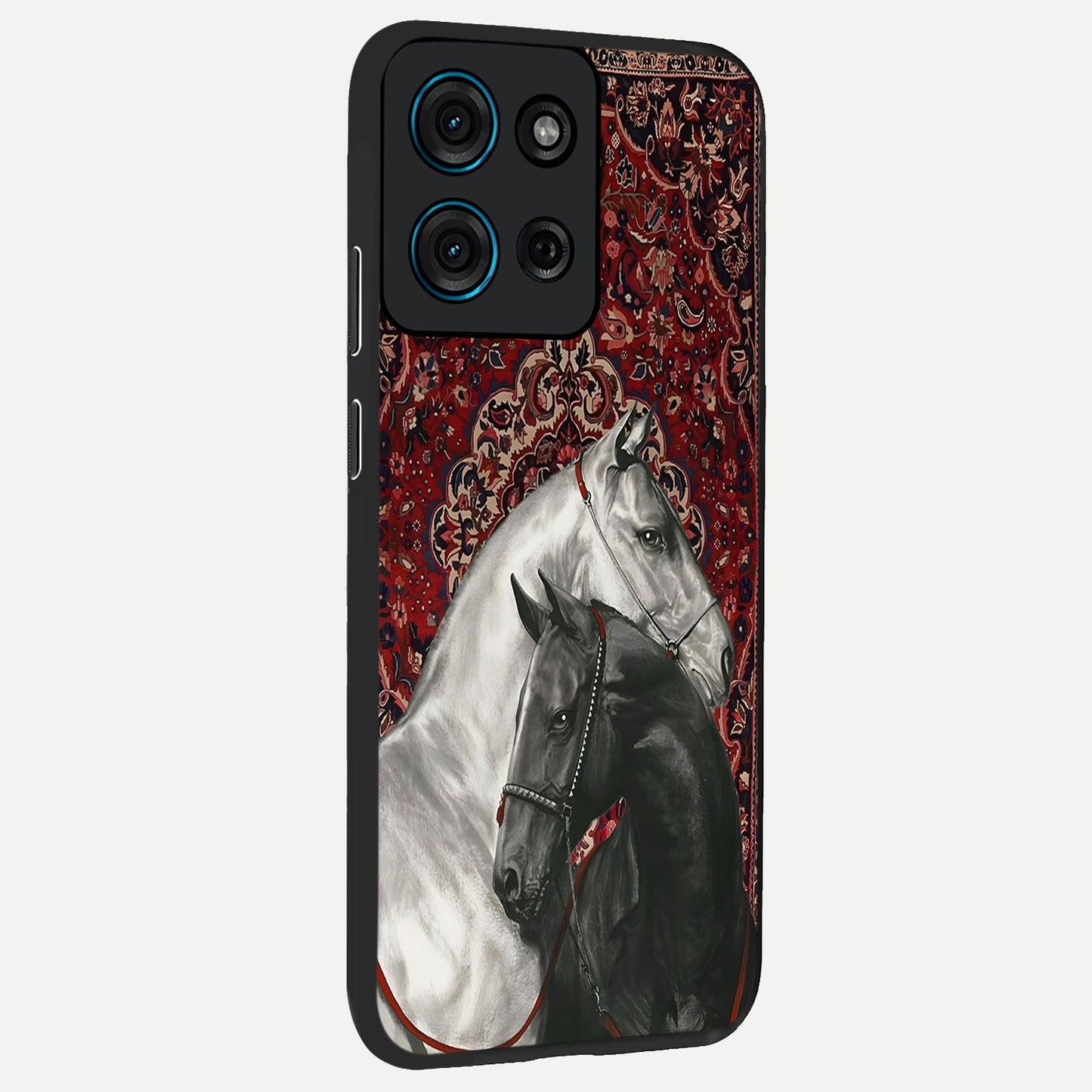 Regal Stallion Tapestry Glass Case upright view showcasing powerful horse artwork with elegant tapestry theme.