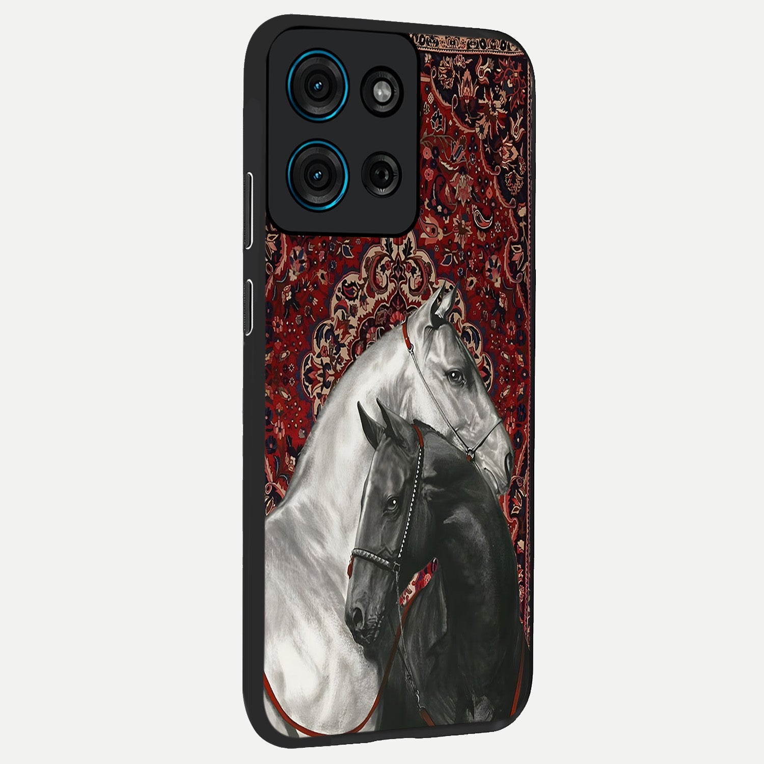 Regal Stallion Tapestry Glass Case upright view showcasing powerful horse artwork with elegant tapestry theme.