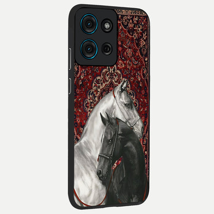 Regal Stallion Tapestry Glass Case upright view showcasing powerful horse artwork with elegant tapestry theme.