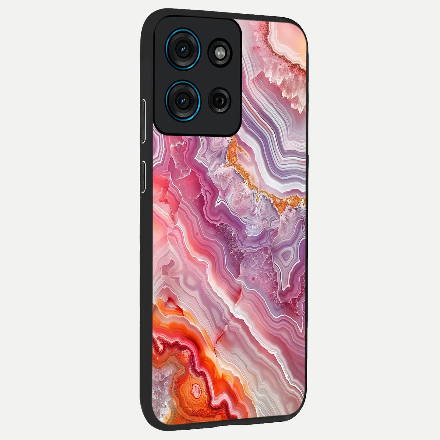 Rose Quartz Marble Glass Case upright view showcasing decorative marble artwork with luxurious pastel theme.