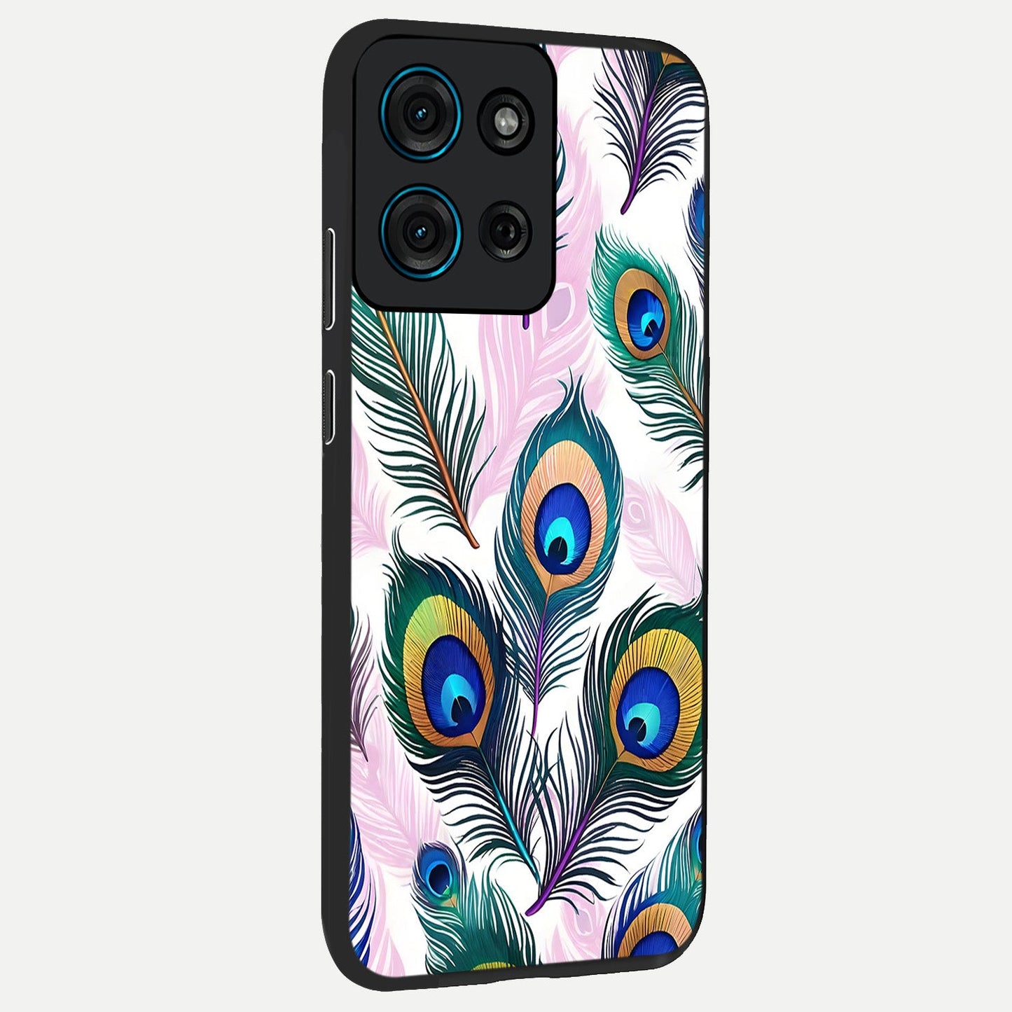 Royal Peacock Feathers Glass Case upright view showcasing elegant peacock feather artwork with decorative royal theme.