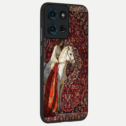 Royal Rider Tapestry Glass Case upright view showcasing detailed rider artwork with classic tapestry theme.
