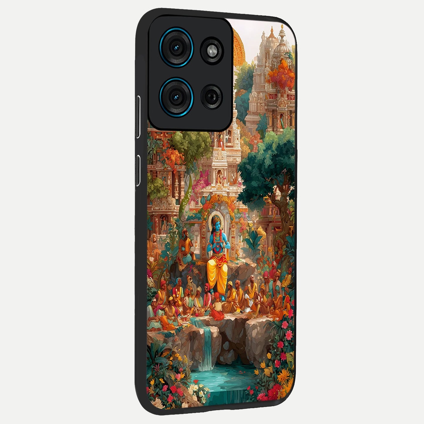 Sacred Sunlight Gods Glass Case upright view showcasing glowing divine artwork with sacred mythological theme.