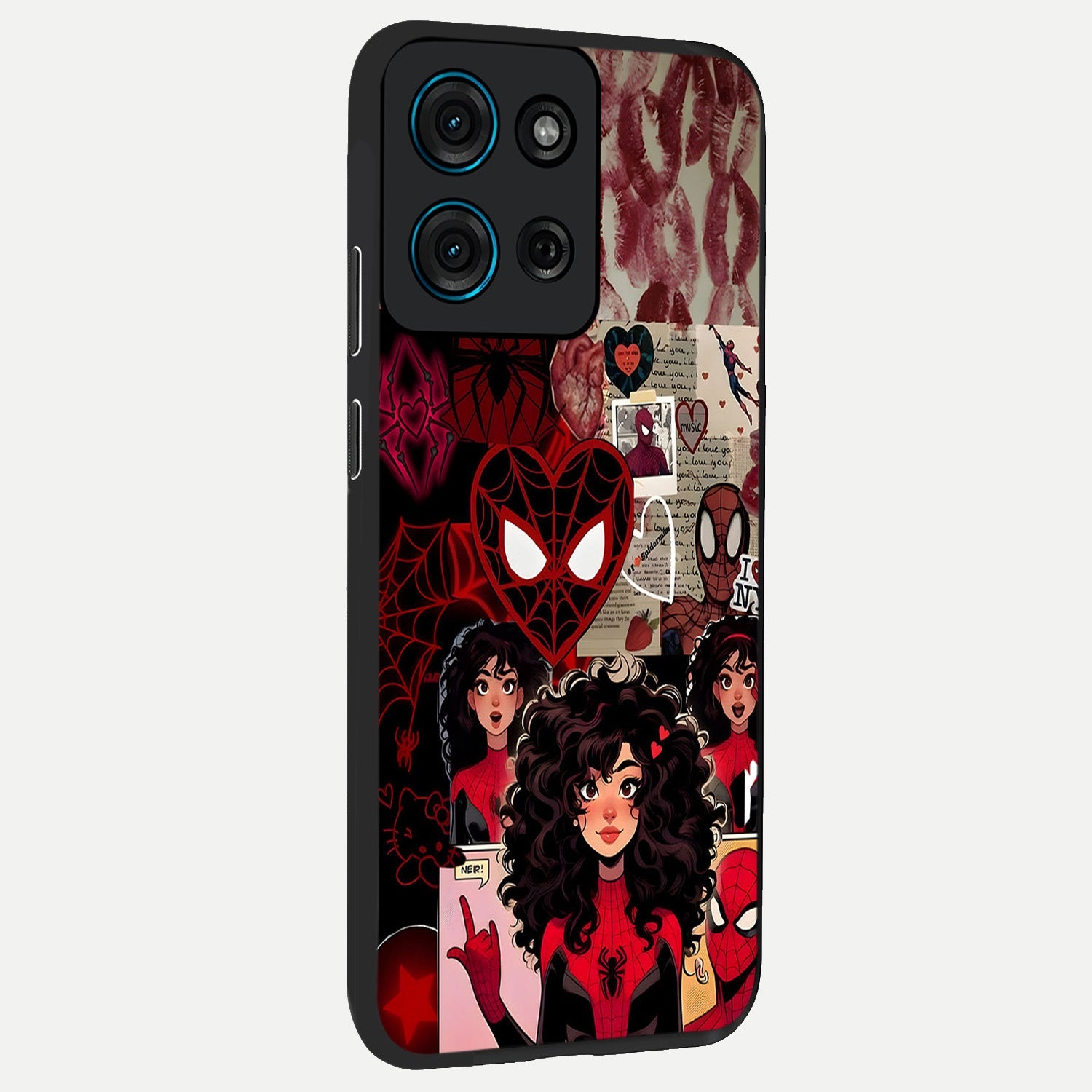 Spider Love Story Glass Case upright view showcasing charming superhero artwork with romantic comic theme.