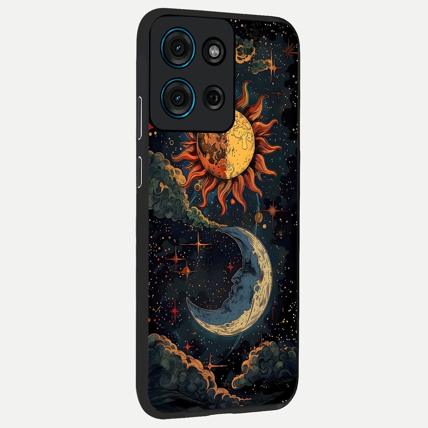 Sun And Moon Magic Design Glass Case upright view showcasing decorative sun and moon artwork with spiritual celestial theme.