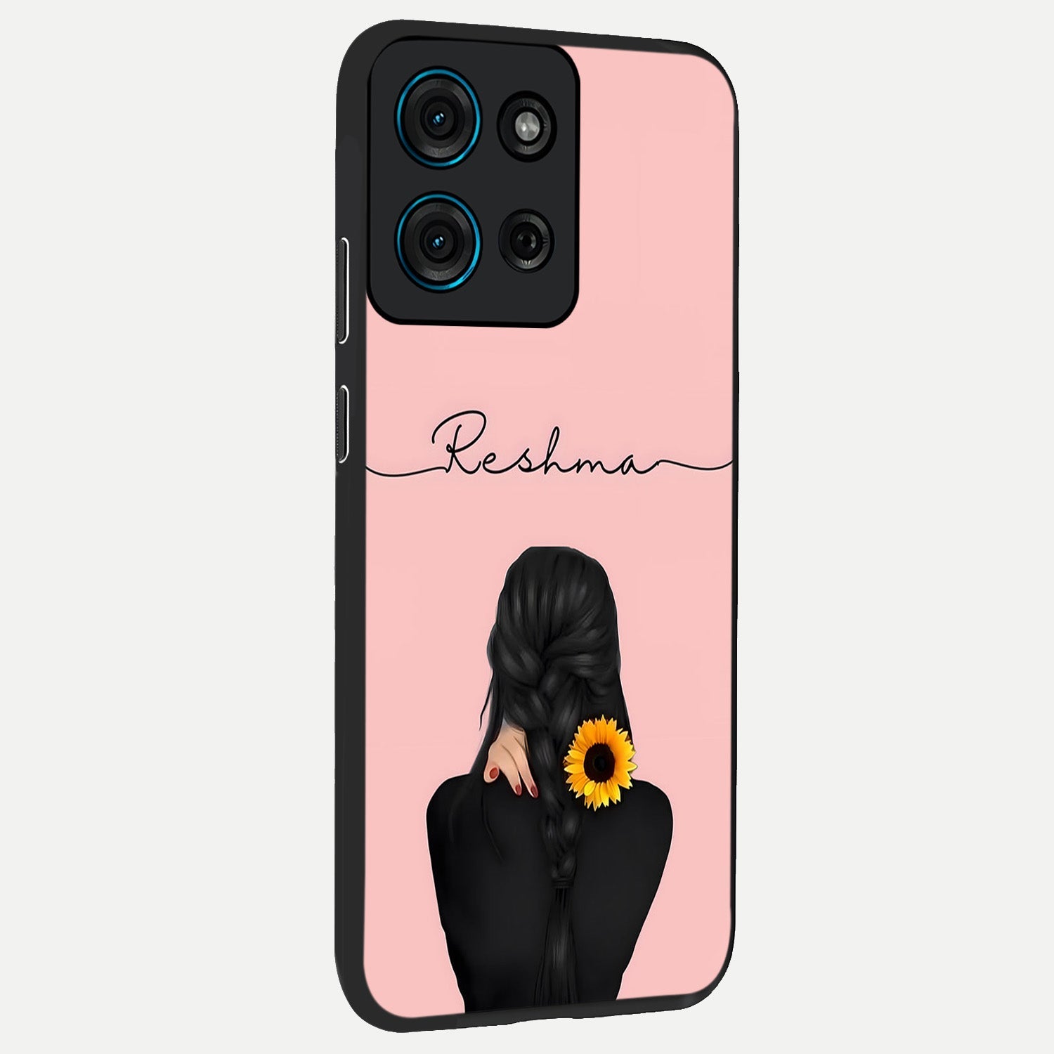 Sunflower Braid Beauty With Custom Name Glass Case upright view showcasing bright sunflower artwork with personalized floral aesthetic.