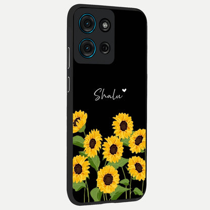 Sunflower Chic Mood Custom Name Glass Case upright view showcasing cheerful sunflower artwork with trendy floral theme.