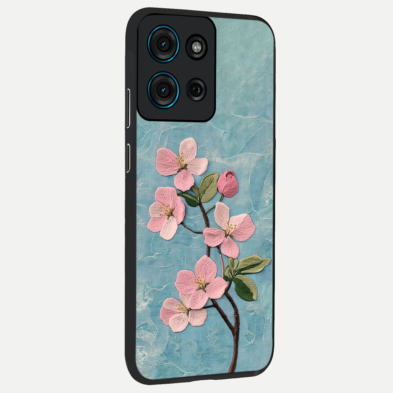Threaded Blossom Breeze Glass Case upright view showcasing graceful flower artwork with calm botanical theme.