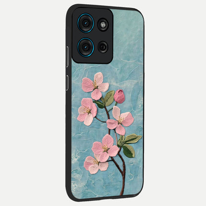 Threaded Blossom Breeze Glass Case upright view showcasing graceful flower artwork with calm botanical theme.