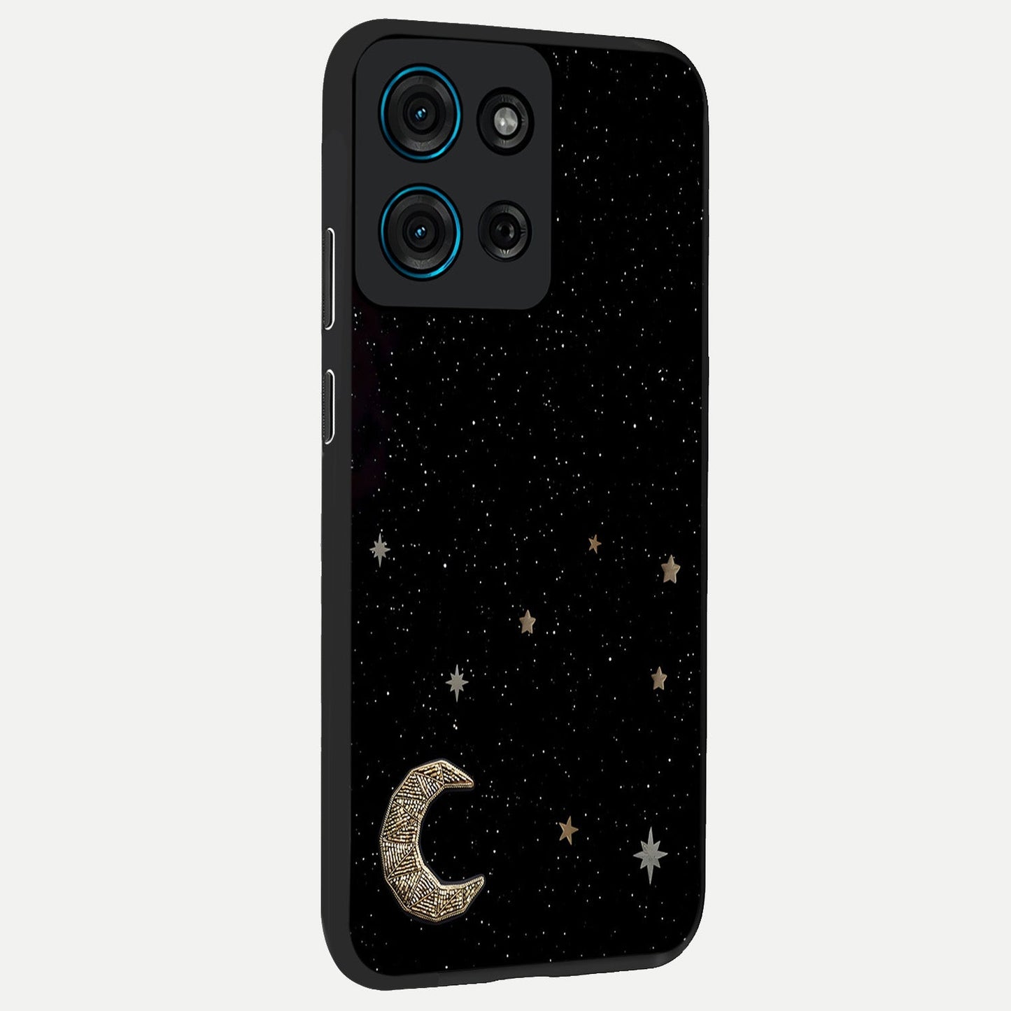 Twinkle Star With Half Moon Glass Case upright view showcasing glowing cosmic artwork with dreamy night theme.