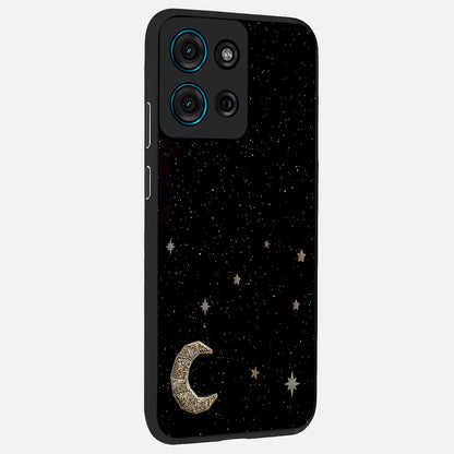 Twinkle Star With Half Moon Glass Case upright view showcasing glowing cosmic artwork with dreamy night theme.