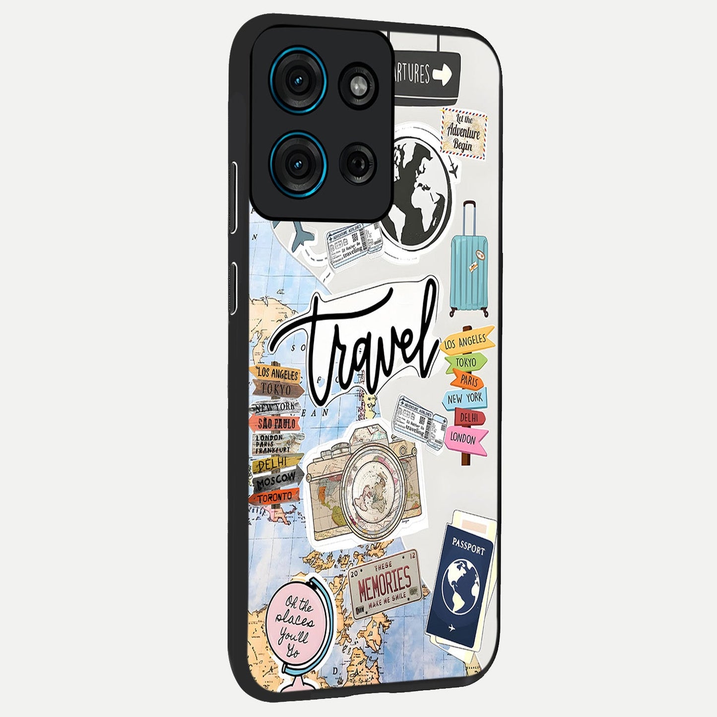 Wanderlust Journal Glass Case upright view showcasing wanderlust inspired artwork with creative exploration theme.