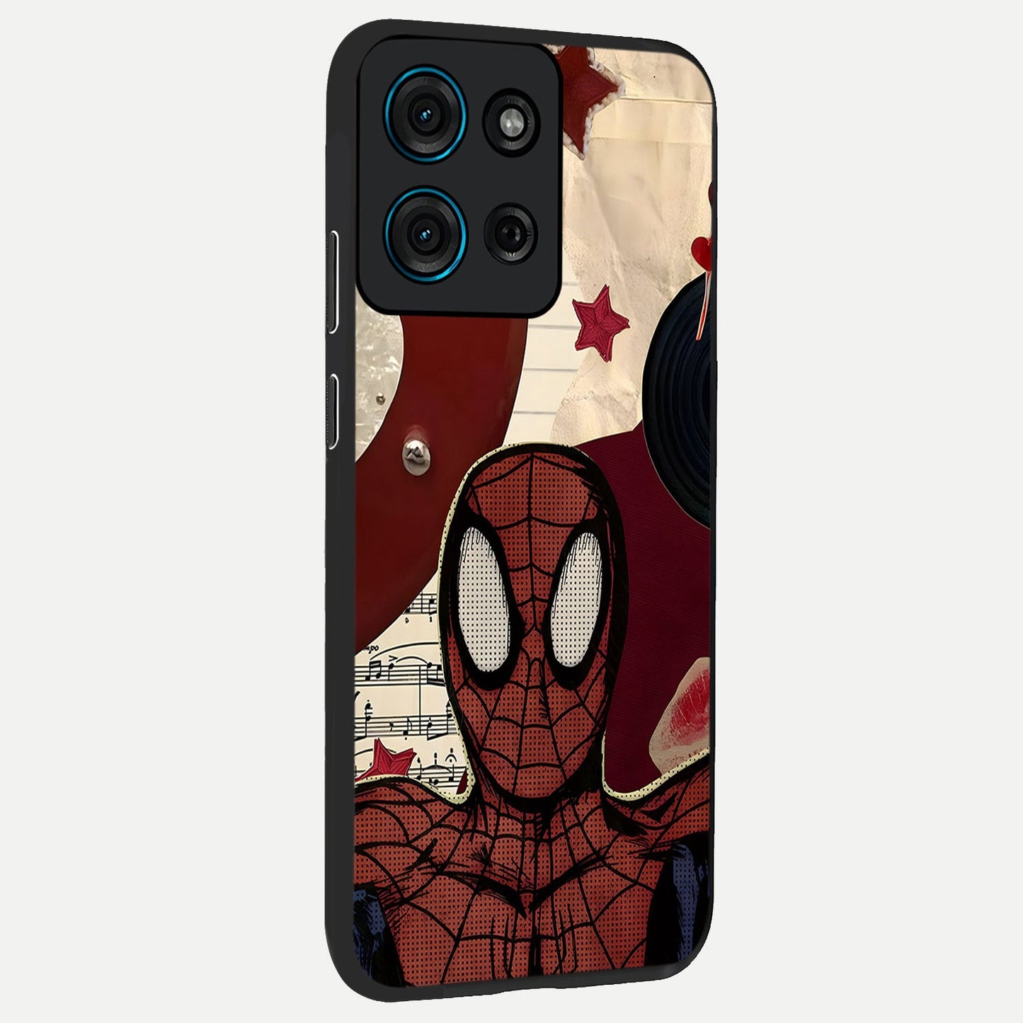 Web Warrior Vibes Glass Case upright view showcasing energetic superhero artwork with bold action theme.