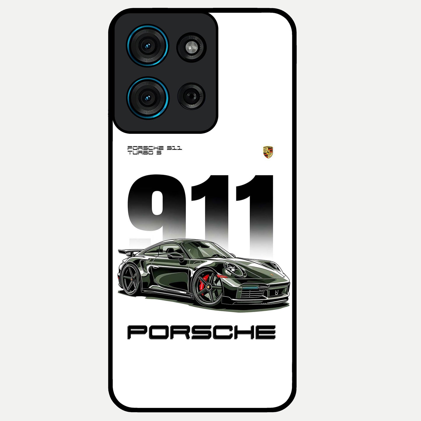 911 Turbo Dominance Glass Case showing clean flat back view with bold 911 sports car artwork and glossy glass finish.