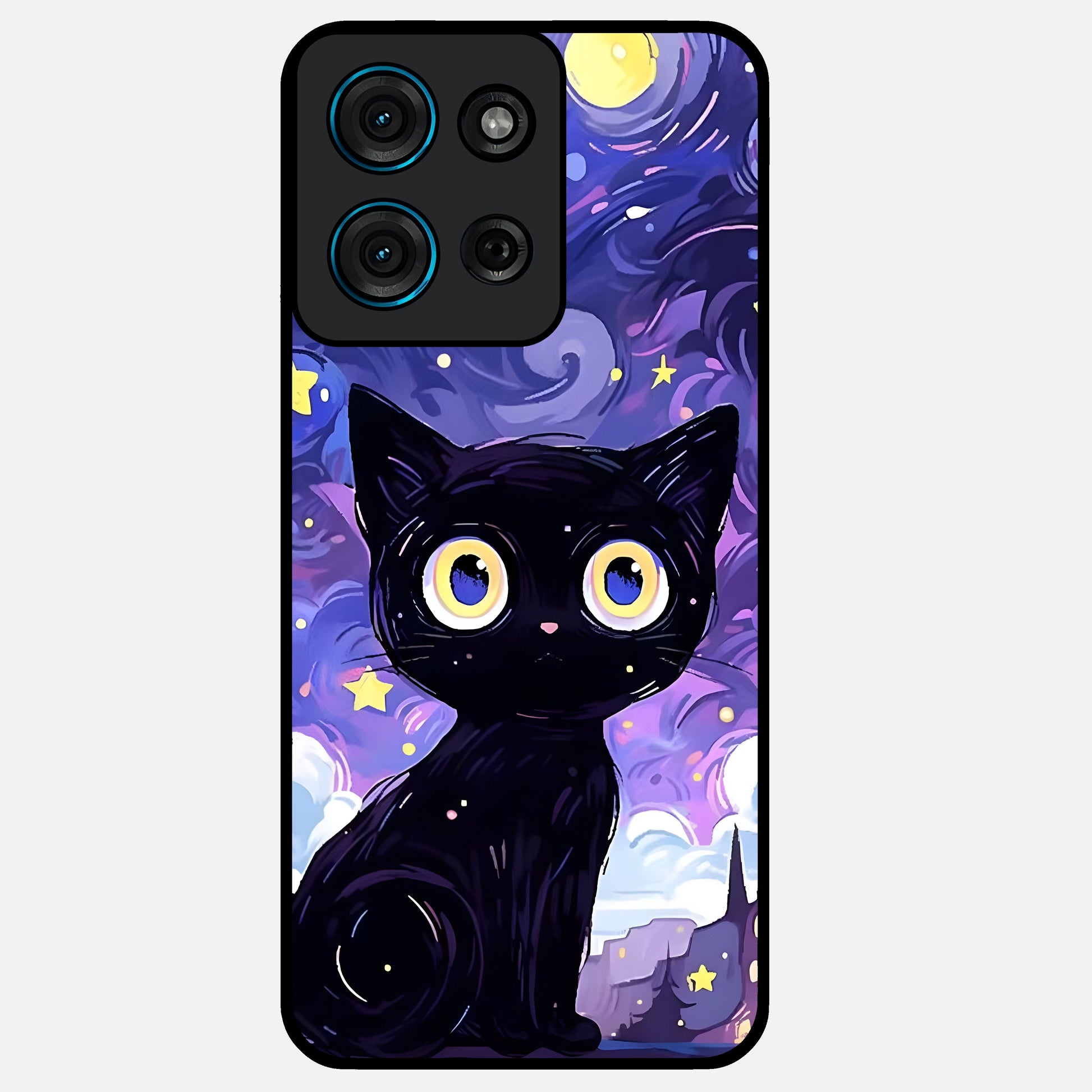 Abstract Cat Art Glass Case showing flat back view with artistic cat illustration and glossy glass finish.