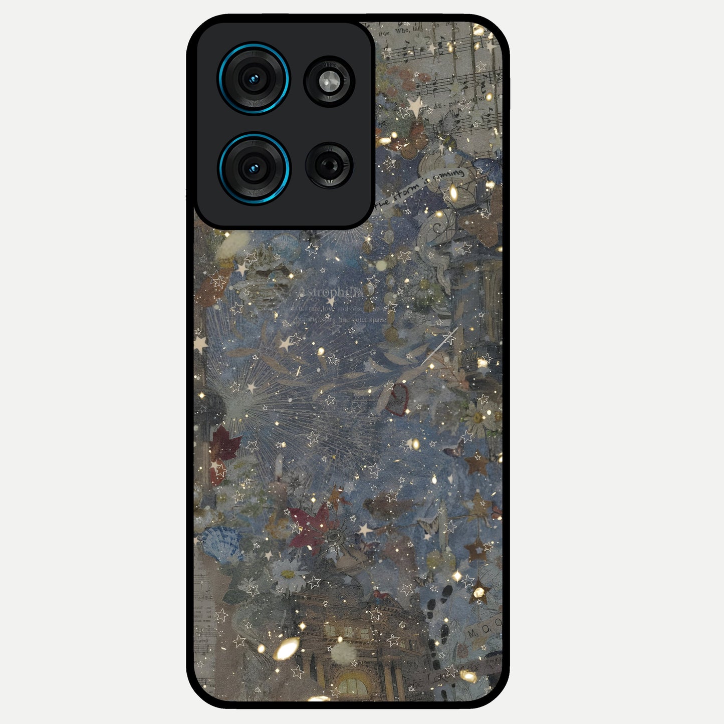 Aesthetic Astrolophia Glass Case showing flat back view with dreamy aesthetic design and glossy glass finish.