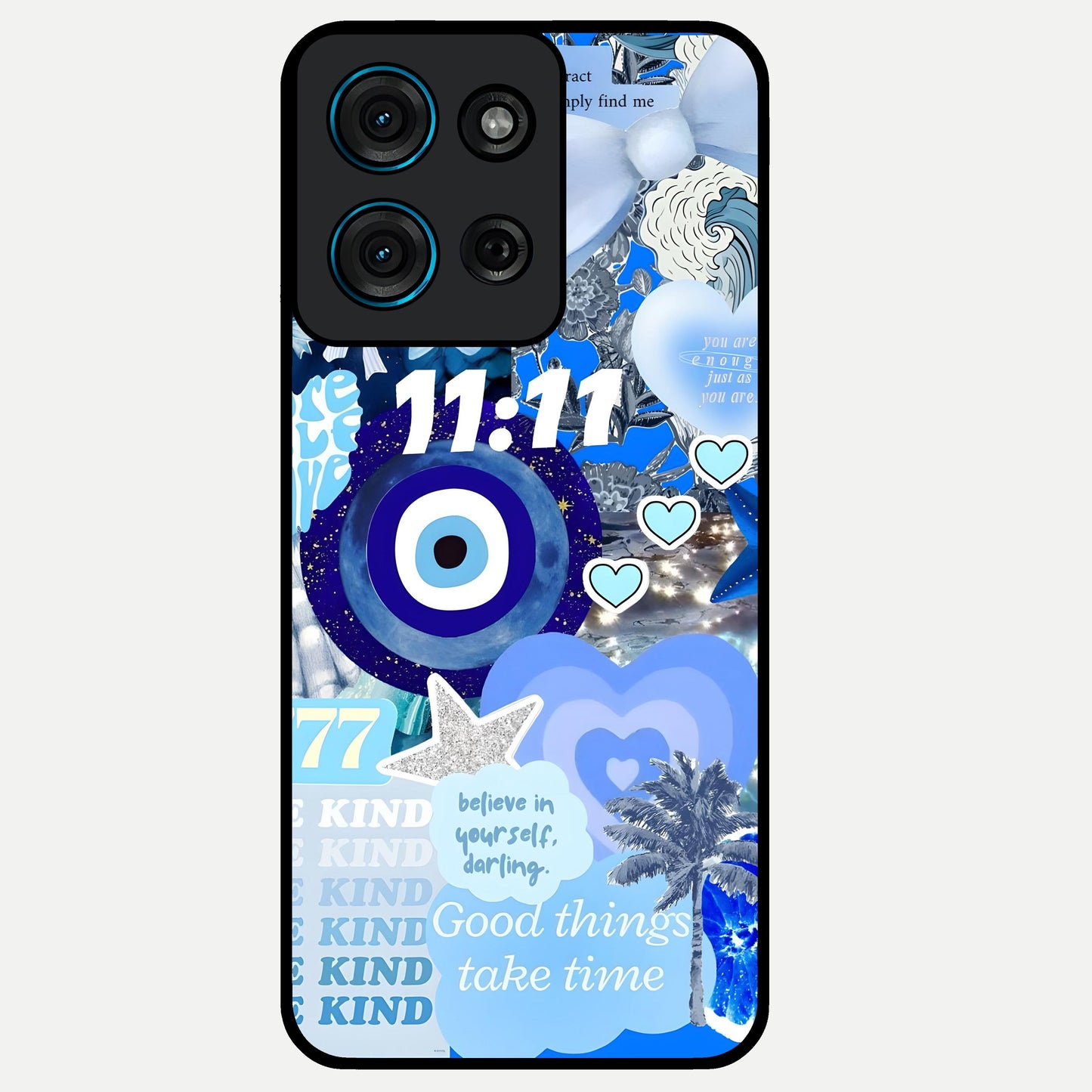 Aesthetic Be Kind Eye Glass Case showing flat back view with motivational eye artwork and glossy glass finish.
