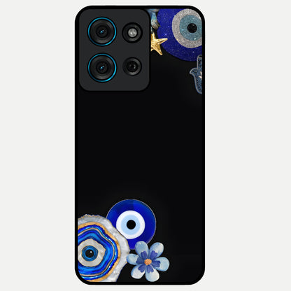 Aesthetic Blue Evil Eye Glass Case showing flat back view with protective evil eye artwork and glossy glass finish.