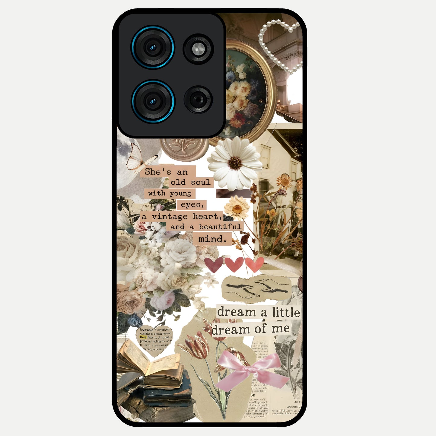 Aesthetic Brown Vintage Collage Glass Case showing flat back view with retro collage artwork and glossy glass finish.