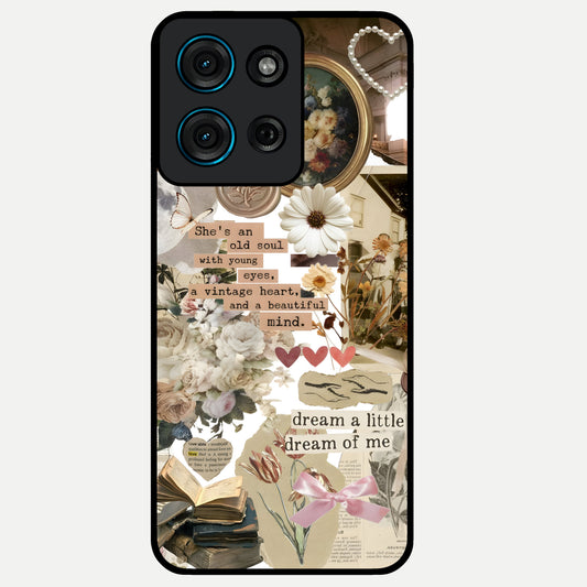Aesthetic Brown Vintage Collage Glass Case showing flat back view with retro collage artwork and glossy glass finish.